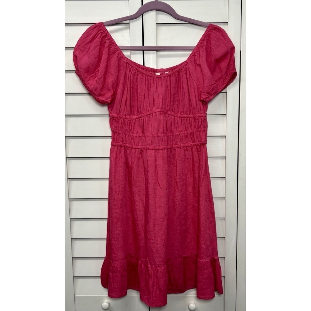 Sim & Sam Linen Blend Puff Sleeve Mini Dress Sundress Size Medium Hot Pink NWT